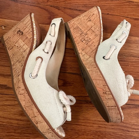 Sperry Wedge Sandals Slingback Canvas Leather Cream/white Womens Size 8.5 - Picture 2 of 4